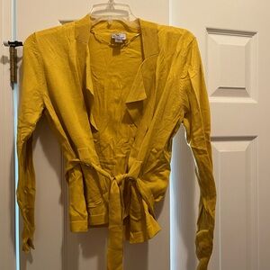 Yellow open front cardigan with tie waist, Worthington, size petite medium